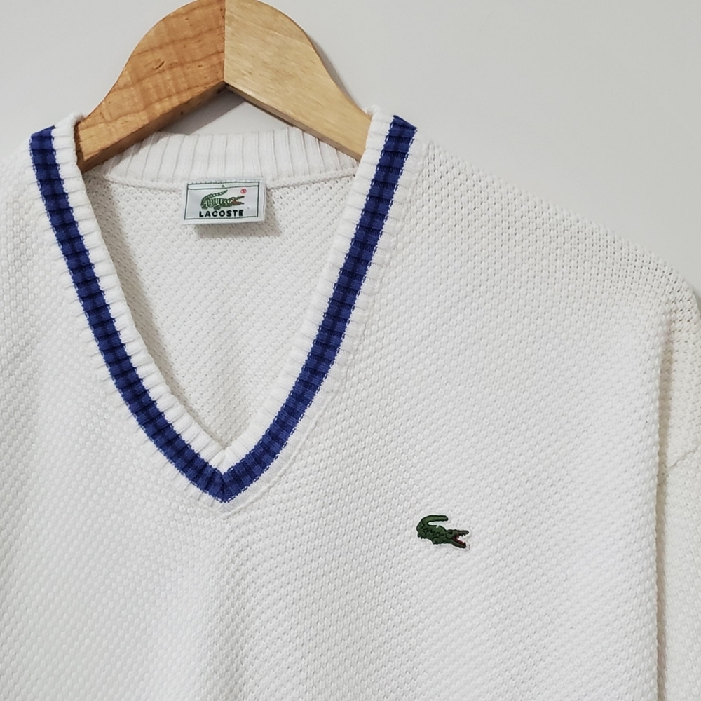 Lacoste Men's White V-Neck Cotton Sweater Medium - Picture 2 of 7